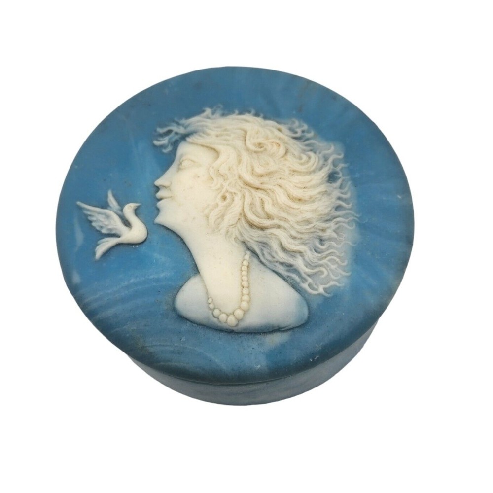 Vintage Blue Soapstone Trinket Box DESIGN GIFTS Woman's Face & a Dove Made n USA